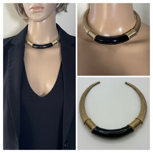 Vintage 80s Gold & Black Enamel Choker Statement Torque Necklace